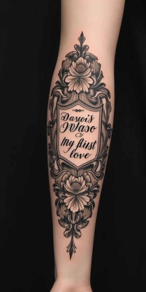 I love music. Therefore, I would like to have a tattoo with the words "Music was my first love."in victorian style tattoo, featuring vintage and elegant elements, ornate frames, roses, antique, sepia-toned color scheme - Variation 2