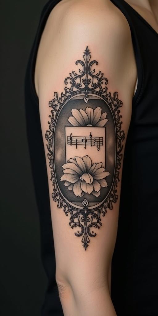 I love music. Therefore, I would like to have a tattoo with the words "Music was my first love."in victorian style tattoo, featuring vintage and elegant elements, ornate frames, roses, antique, sepia-toned color scheme