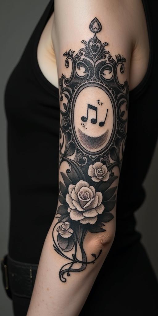 I love music. Therefore, I would like to have a tattoo with the words "Music was my first love."in victorian style tattoo, featuring vintage and elegant elements, ornate frames, roses, antique, sepia-toned color scheme - Variation 4