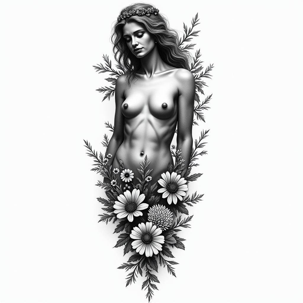 I want a full arm sleeve with flowers, nature, and Aphroditehigly detailed tattoo - Variation 2