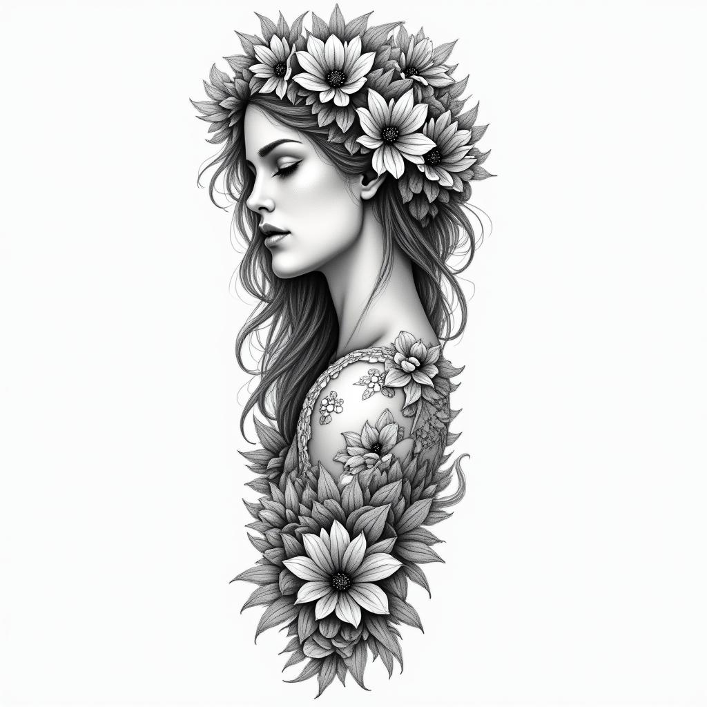 I want a full arm sleeve with flowers, nature, and Aphroditehigly detailed tattoo