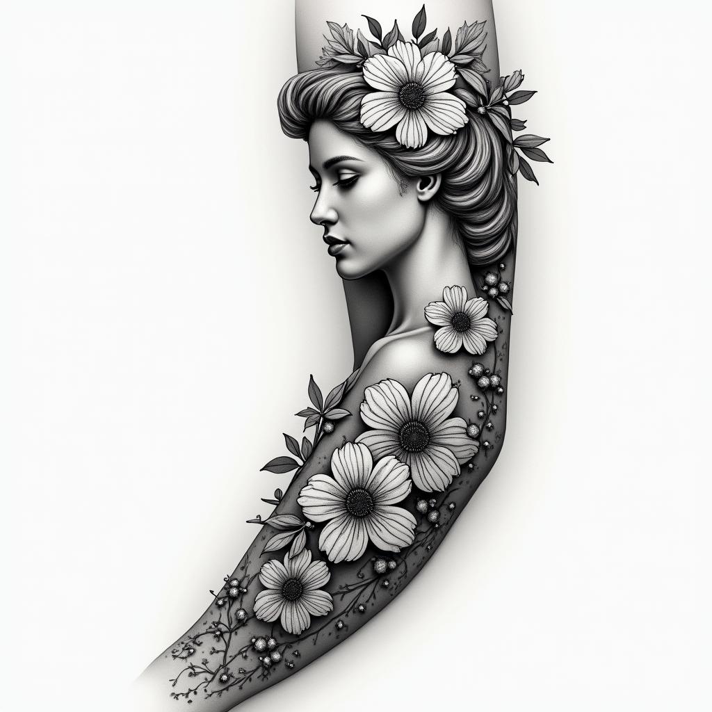 I want a full arm sleeve with flowers, nature, and Aphroditehigly detailed tattoo - Variation 3