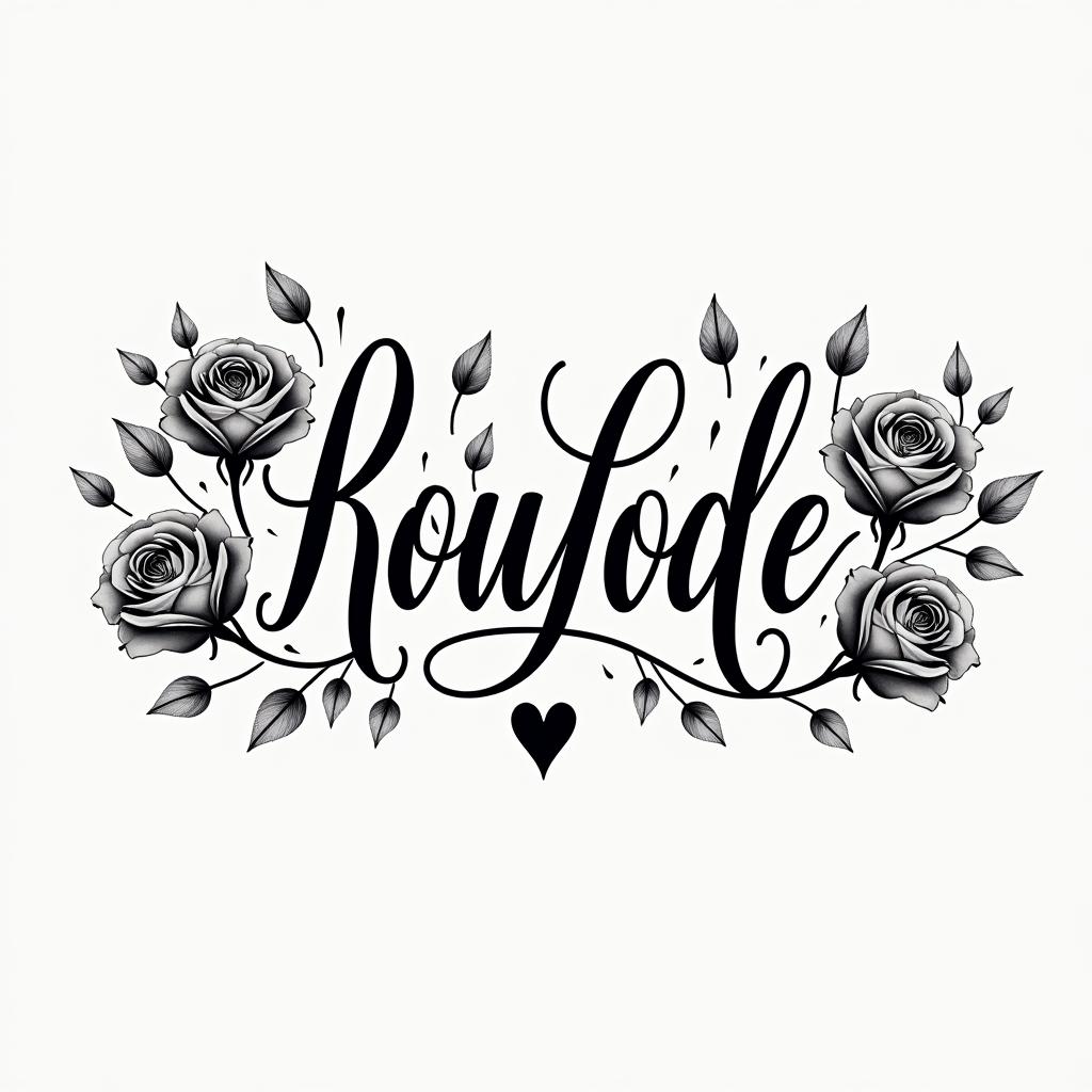 Forearm tattoo. With roses of different sizes but not too big. Fine lines.in elegant cursive calligraphy style 2d tattoo, decorate with roses, featuring a smooth and flowing handwritten script with slightly thickened strokes for a luxurious and bold appearance,  heart symbol between names,  sleek and glossy black text with shadowing, minimalist matte white background, clean and sharp edges, illuminated with soft lighting, romantic, 8k, high-quality textures with refined typography - Variation 4