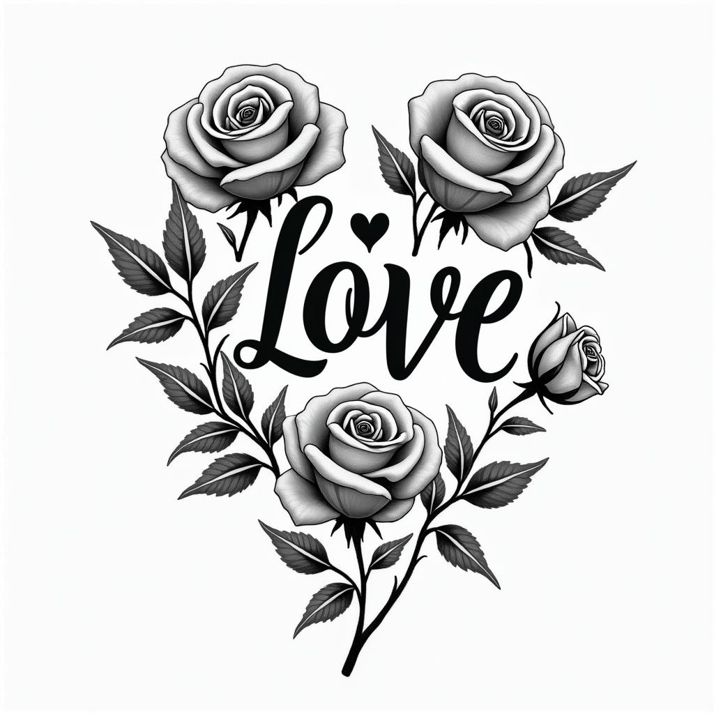 Forearm tattoo. With roses of different sizes but not too big. Fine lines.in elegant cursive calligraphy style 2d tattoo, decorate with roses, featuring a smooth and flowing handwritten script with slightly thickened strokes for a luxurious and bold appearance,  heart symbol between names,  sleek and glossy black text with shadowing, minimalist matte white background, clean and sharp edges, illuminated with soft lighting, romantic, 8k, high-quality textures with refined typography