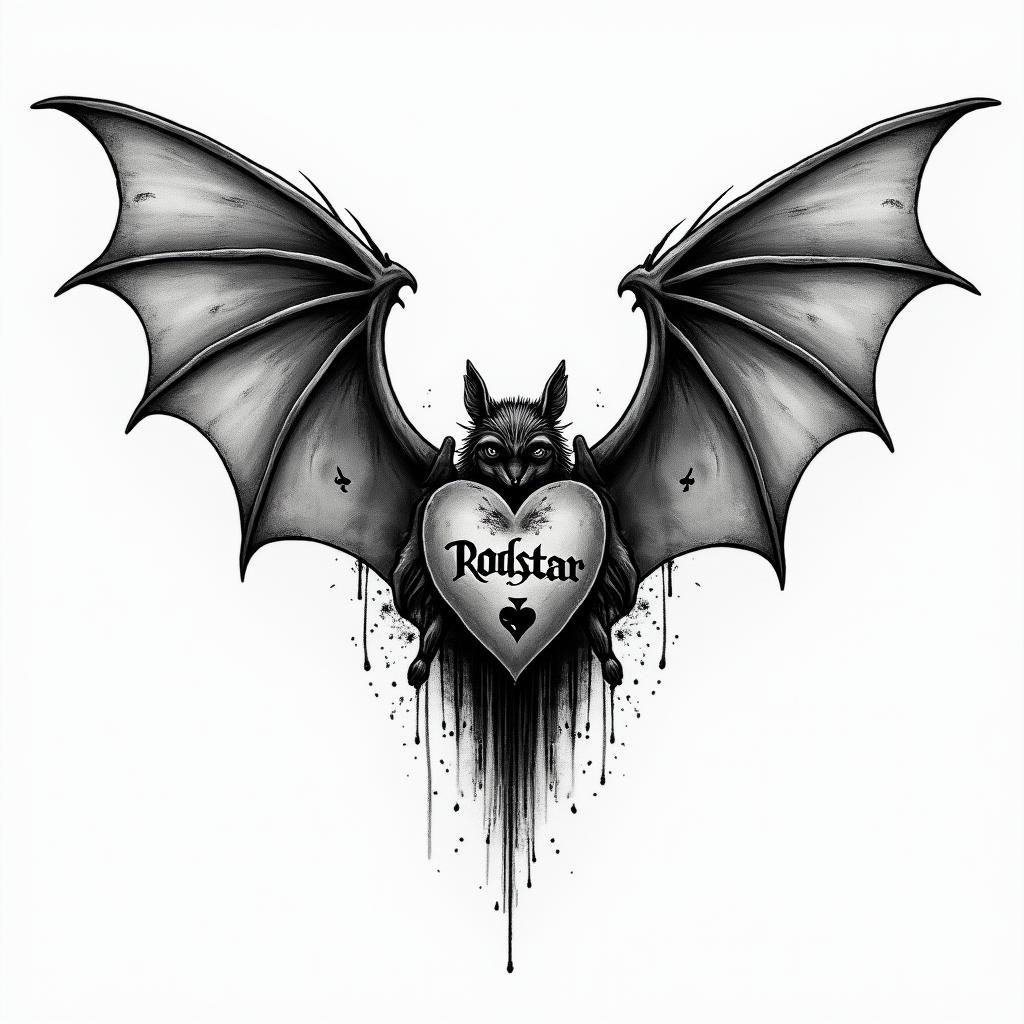 Bat wings with a heart of spades and the word Rockstar written.higly detailed tattoo