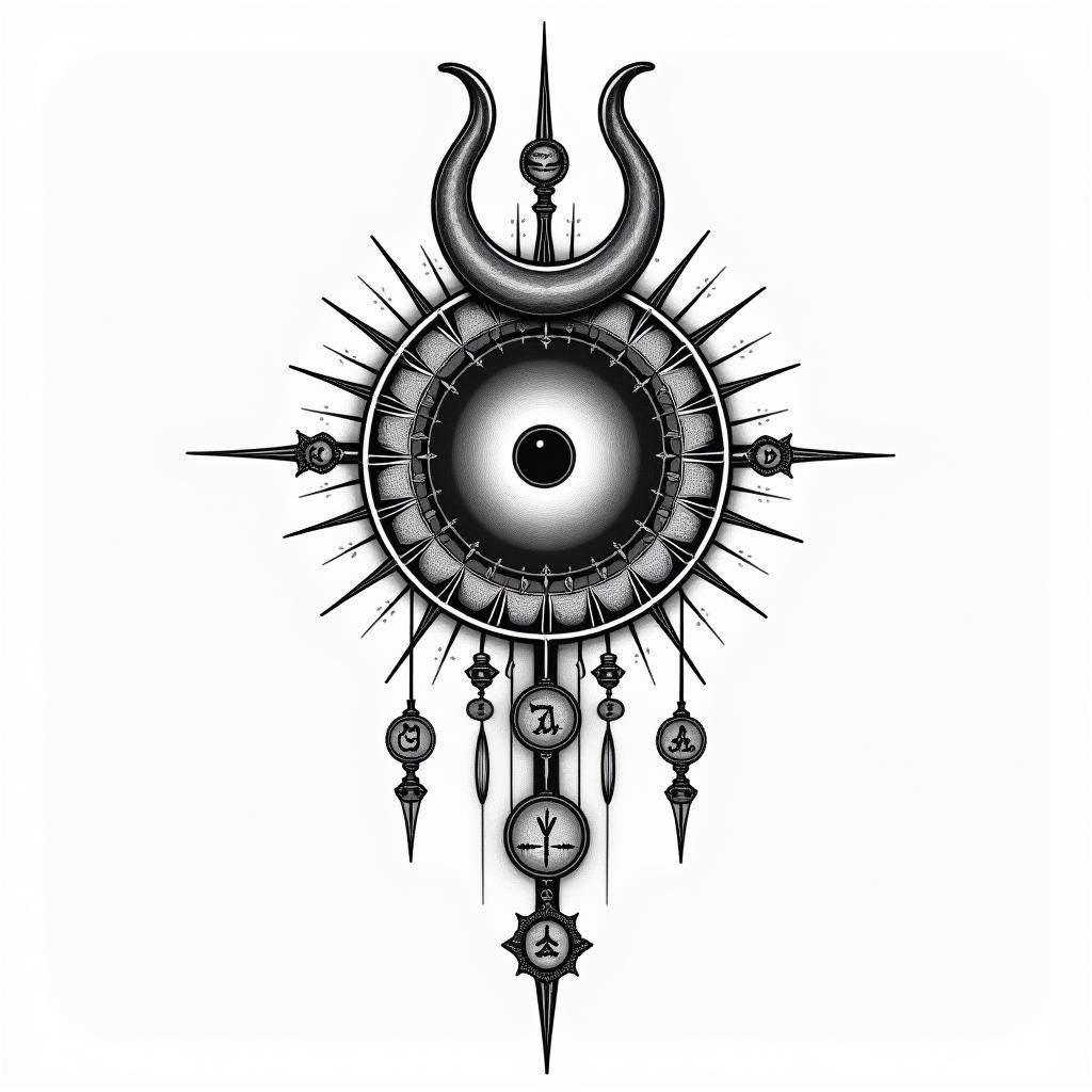 SCC, billiards, Sagittariusin spiritual symbols tattoo style, featuring an intricate design incorporating elements, Hamsa hand, third eye, minimalist composition