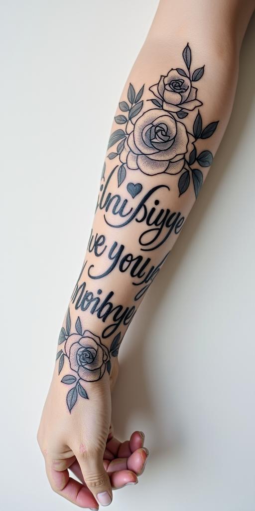 I love music. Therefore, I would like to have a tattoo with the words "Music was my first love."in elegant cursive calligraphy style 2d tattoo, decorate with roses, featuring a smooth and flowing handwritten script with slightly thickened strokes for a luxurious and bold appearance,  heart symbol between names,  sleek and glossy black text with shadowing, minimalist matte white background, clean and sharp edges, illuminated with soft lighting, romantic, 8k, high-quality textures with refined typography - Variation 4