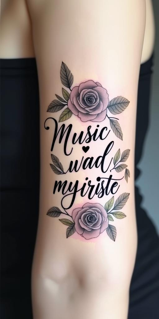 I love music. Therefore, I would like to have a tattoo with the words "Music was my first love."in elegant cursive calligraphy style 2d tattoo, decorate with roses, featuring a smooth and flowing handwritten script with slightly thickened strokes for a luxurious and bold appearance,  heart symbol between names,  sleek and glossy black text with shadowing, minimalist matte white background, clean and sharp edges, illuminated with soft lighting, romantic, 8k, high-quality textures with refined typography - Variation 2