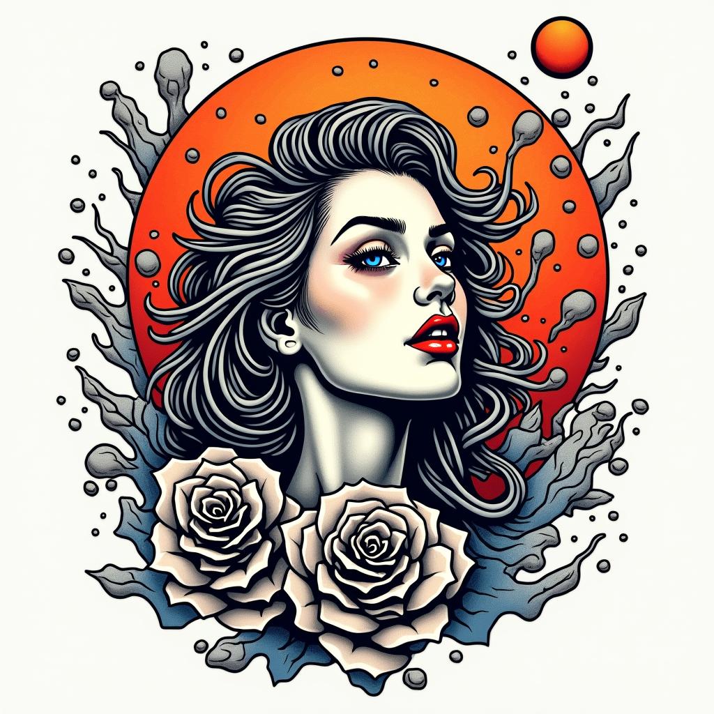 Frank William Campbell 88 moon water controlled chaosin pop art style tattoo, featuring bold and vibrant colors, exaggerated outlines, iconic imagery, inspired by comic books and speech bubbles, comic book characters, retro pop culture - Variation 2