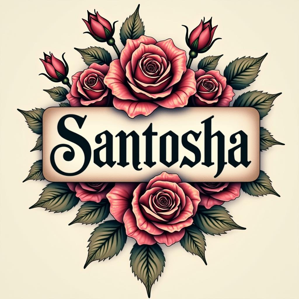 A tattoo design that combines the word 'Santosha' in an artistic typeface font with an arrangement of stunning roses around it. The roses should add a touch of elegance to the overall look of the tattoo.undefined