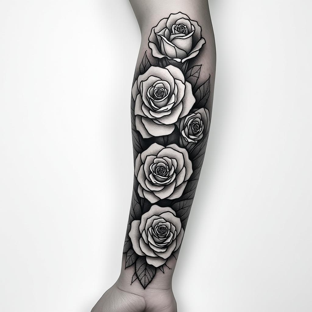 Forearm tattoo. With roses of different sizes, but not too big. Fine lines.tattoo in biomechanic style, the tattoo covered by robotic elements of futuristic cyberpunk design, robotic features detail, showcasing intricate mechanical components