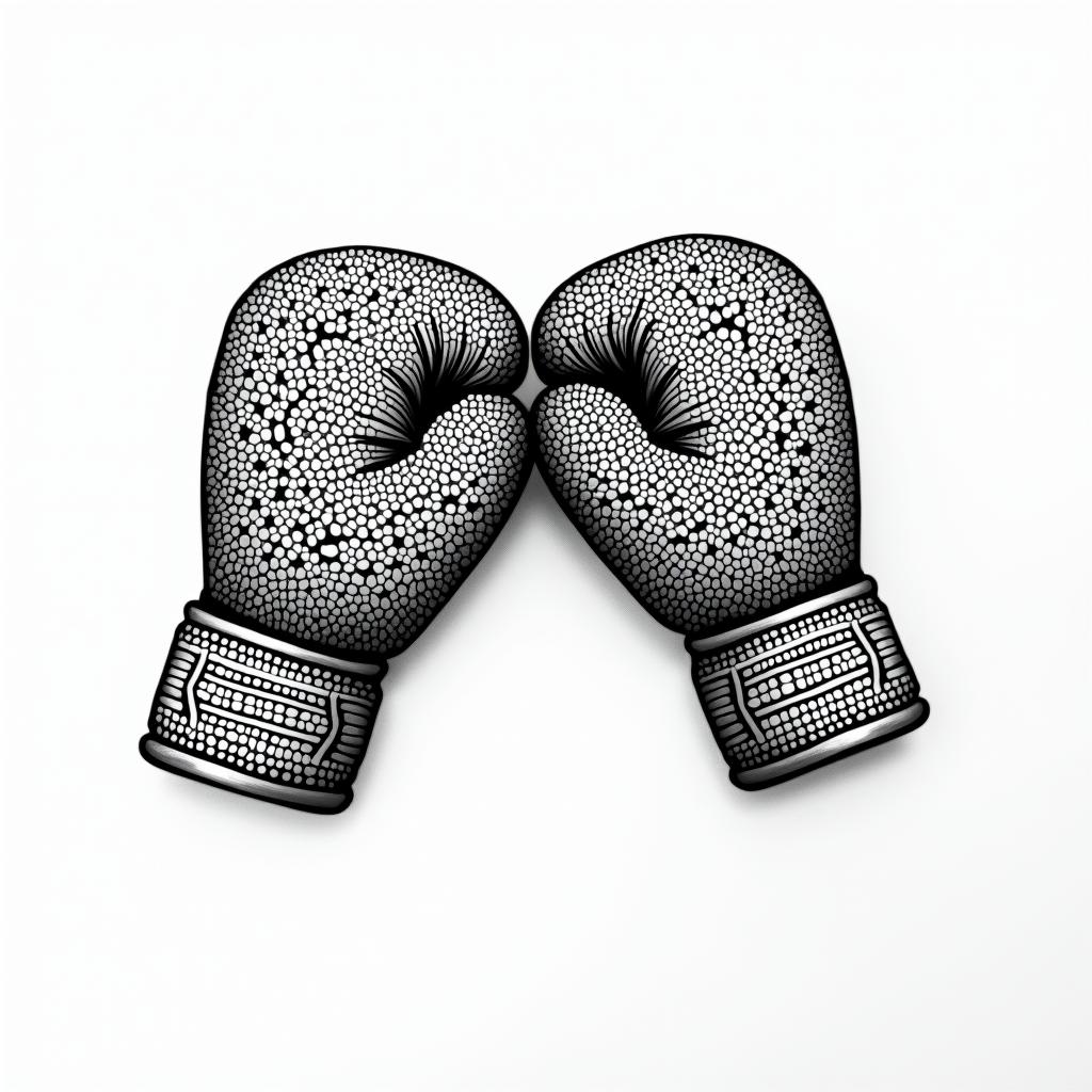 Boxing glovesin dotwork style tattoo, complex mandala patterns, interlocking geometric shapes with sharp symmetry, clean lines, sharp angles