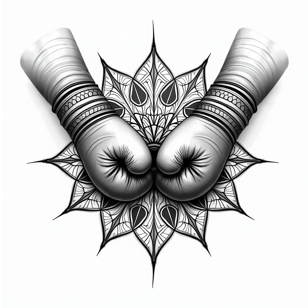 Boxing glovesin dotwork style tattoo, complex mandala patterns, interlocking geometric shapes with sharp symmetry, clean lines, sharp angles - Variation 2