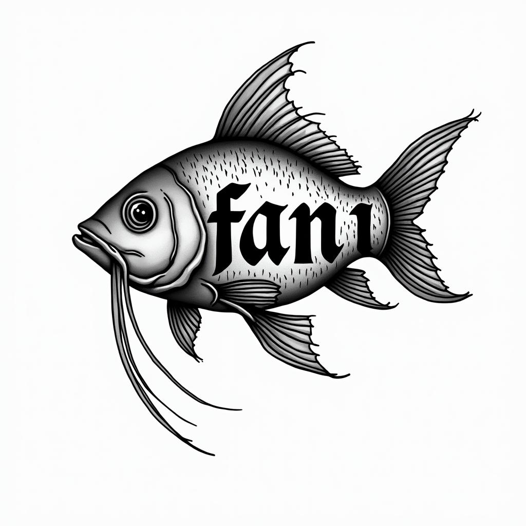 Kauani fish 19 years oldtext-based tattoo, gothic font ultra-realistic, perfectly placed, high-quality font design, photo-realistic shading, 8k, high quality, finely detailed typography