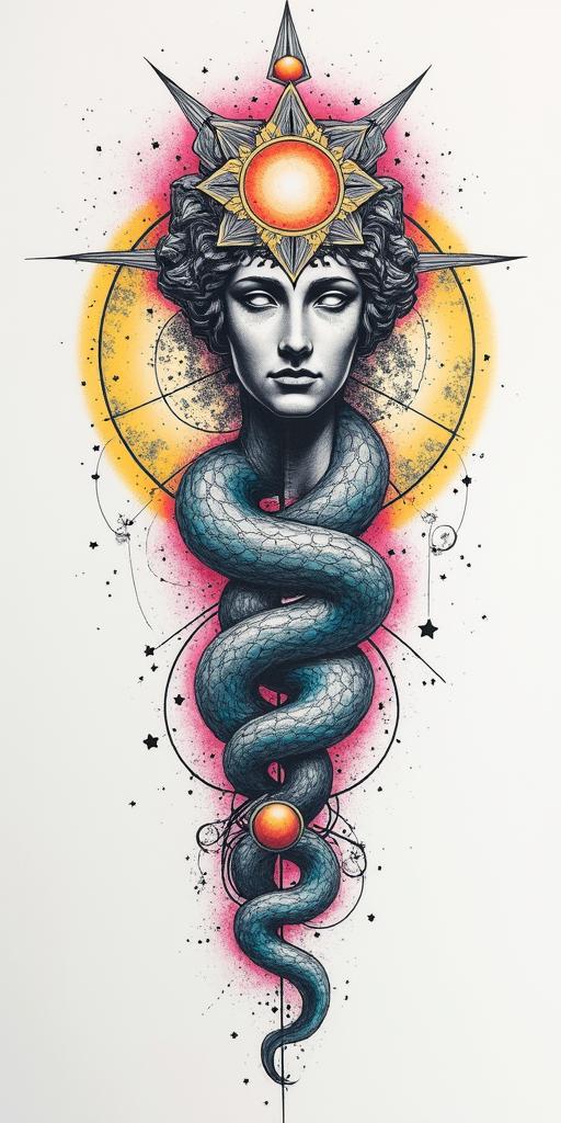 "Sketch style tattoo design, symbolizing eternity and immortality. Centered is a mystical all-seeing eye surrounded by an ouroboros (snake eating its own tail), intertwined with cosmic elements like stars, crescent moon, and subtle galaxy lines. Include sacred geometry like infinity knot or flower of life. Hand-drawn, pencil sketch look, fine line, no color, highly detailed, spiritual and symbolic."
in distorted and fragmented tattoo design, featuring a classical statue bust, in a glitch art style with vibrant, overlapping colors of cyan, magenta, and yellow, creating a digital distortion effect