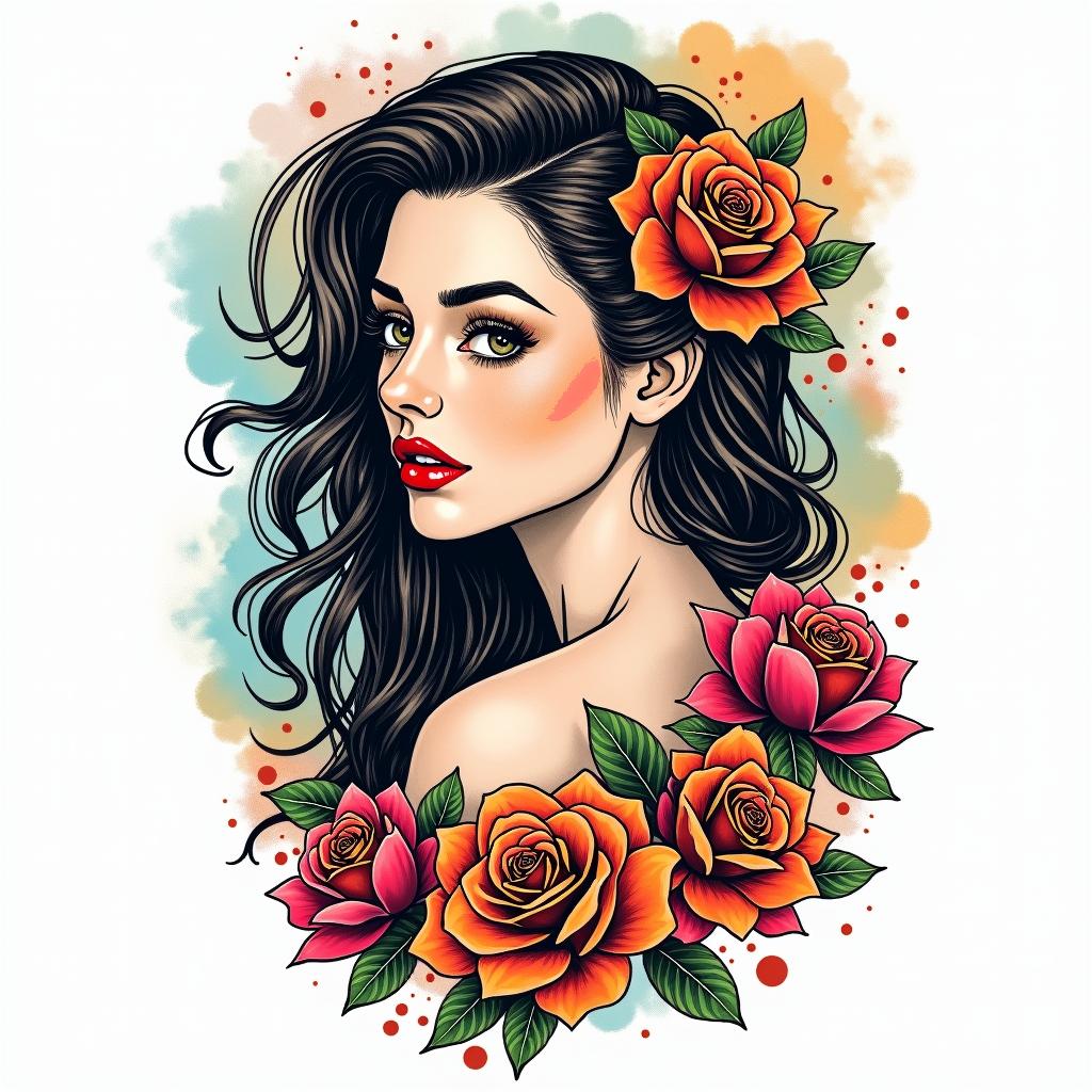 August 27 Virgoin pop art style tattoo, featuring bold and vibrant colors, exaggerated outlines, iconic imagery, inspired by comic books and speech bubbles, comic book characters, retro pop culture