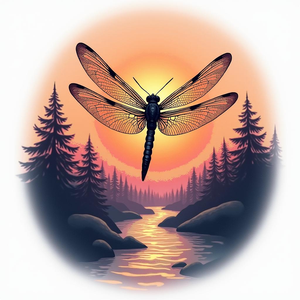 A tattoo design featuring a dragonfly soaring over a vibrant sunset by a flowing river, symbolizing the rhythm of life and the bond with children and the memory of a mother. The color palette includes warm oranges, soft pinks, and deep purples, capturing the essence of a peaceful, reflective moment.higly detailed tattoo - Variation 4