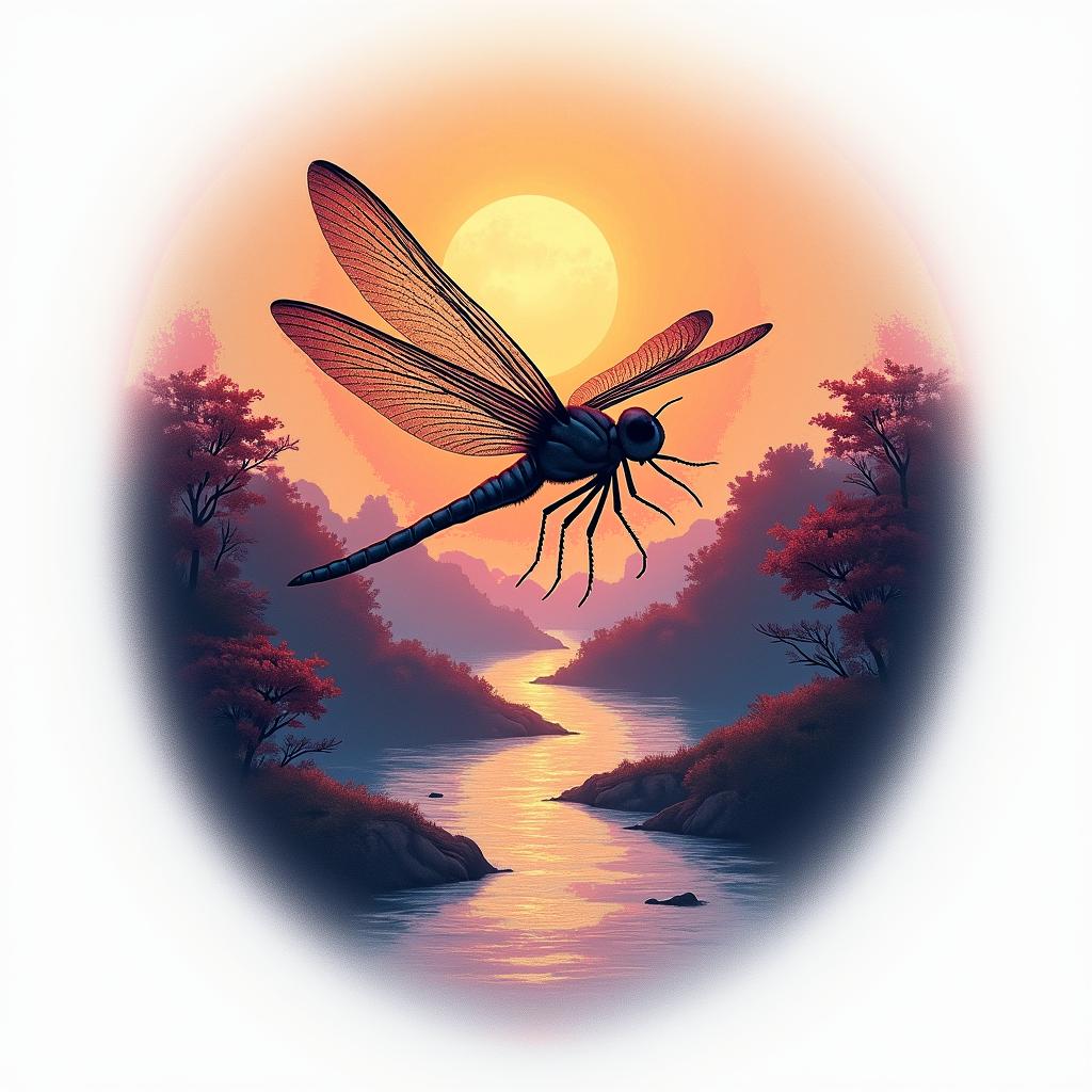 A tattoo design featuring a dragonfly soaring over a vibrant sunset by a flowing river, symbolizing the rhythm of life and the bond with children and the memory of a mother. The color palette includes warm oranges, soft pinks, and deep purples, capturing the essence of a peaceful, reflective moment.higly detailed tattoo
