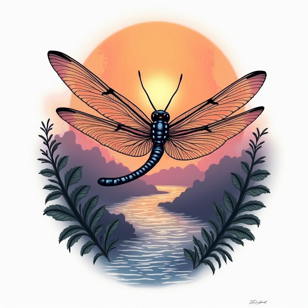 A tattoo design featuring a dragonfly soaring over a vibrant sunset by a flowing river, symbolizing the rhythm of life and the bond with children and the memory of a mother. The color palette includes warm oranges, soft pinks, and deep purples, capturing the essence of a peaceful, reflective moment.higly detailed tattoo - Variation 2