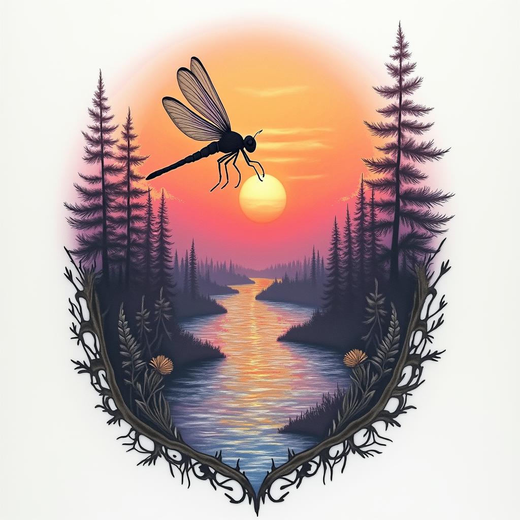 A tattoo design featuring a dragonfly soaring over a vibrant sunset by a flowing river, symbolizing the rhythm of life and the bond with children and the memory of a mother. The color palette includes warm oranges, soft pinks, and deep purples, capturing the essence of a peaceful, reflective moment.higly detailed tattoo - Variation 3