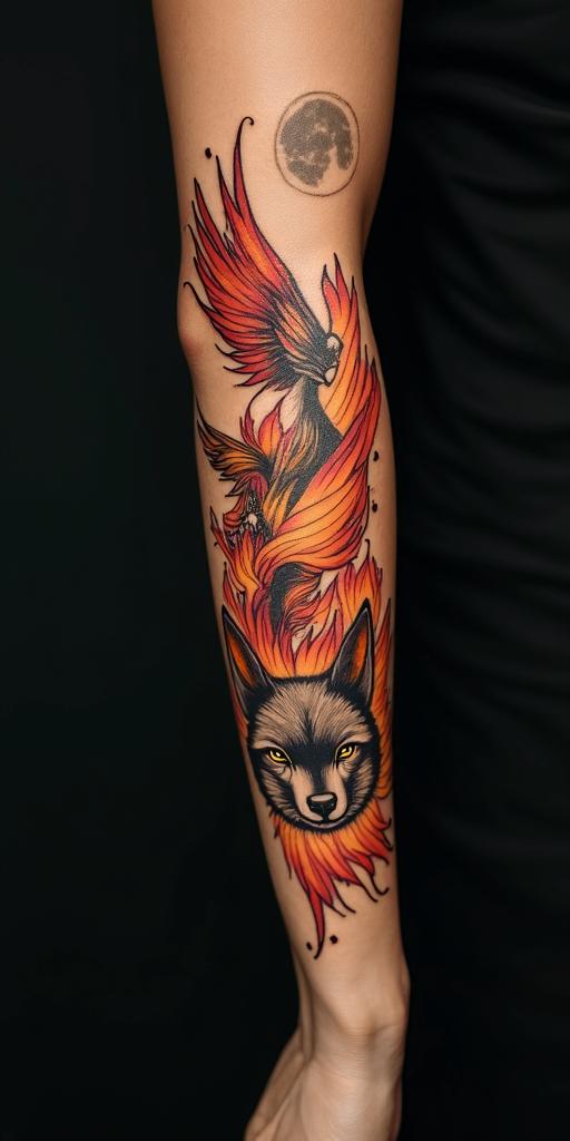 arm cover up, phoenix mix with wolfin flame tattoo style showcasing fiery elements with dynamic flame patterns, glowing effect of flames, natural colors - Variation 5