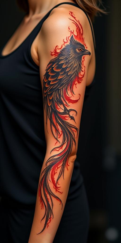 arm cover up, phoenix mix with wolfin flame tattoo style showcasing fiery elements with dynamic flame patterns, glowing effect of flames, natural colors - Variation 6