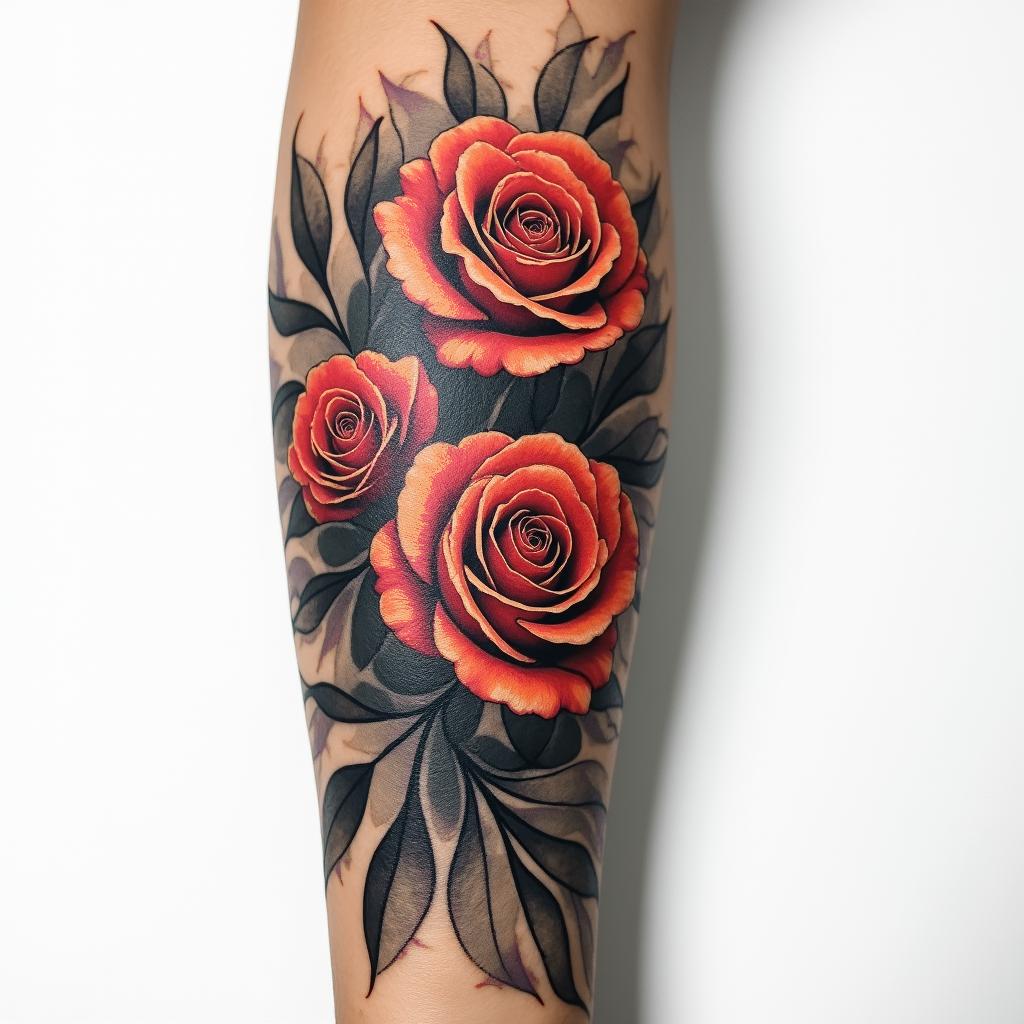Forearm tattoo. With roses of different sizes but not too big. Fine lines.in flame tattoo style showcasing fiery elements with dynamic flame patterns, glowing effect of flames, natural colors - Variation 4
