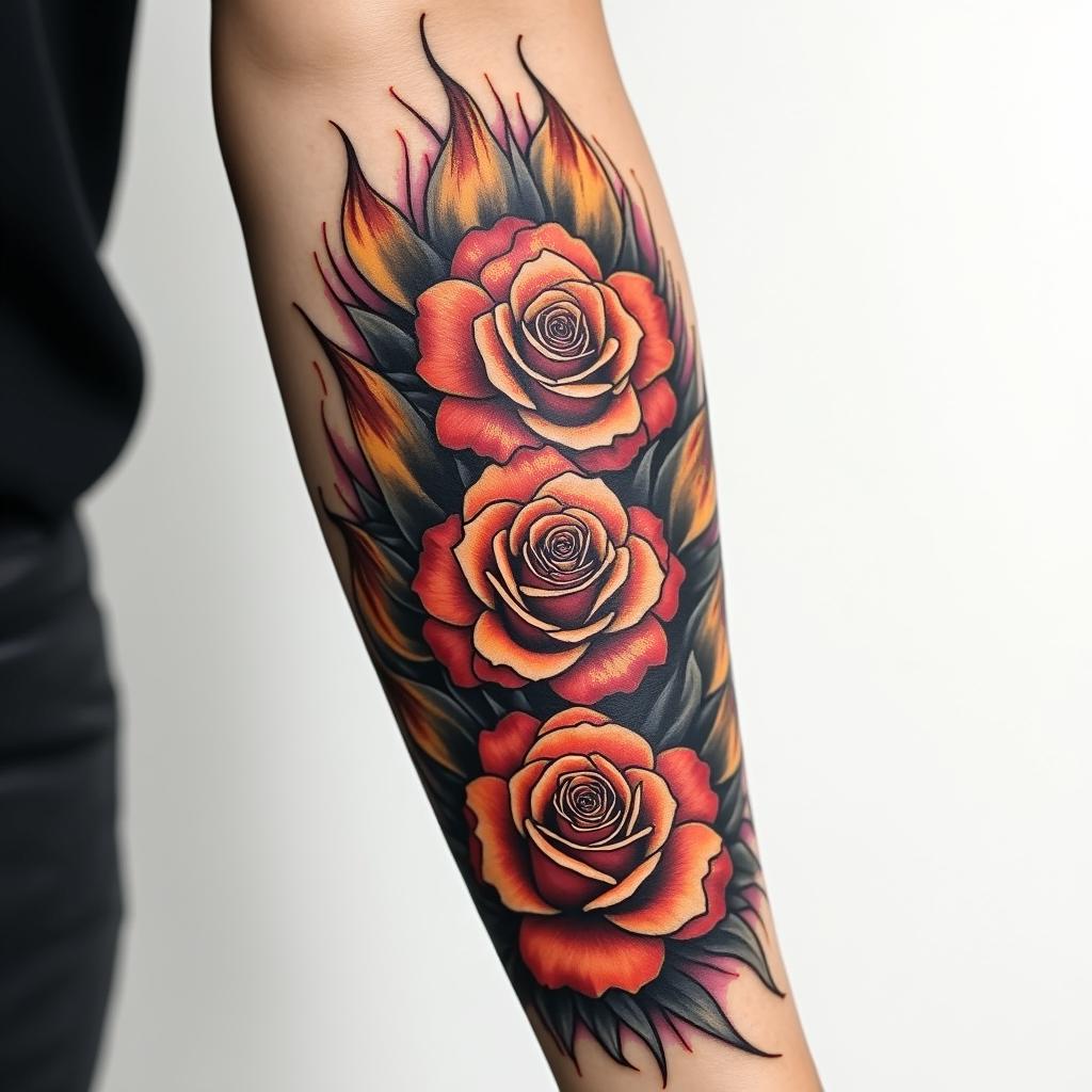 Forearm tattoo. With roses of different sizes but not too big. Fine lines.in flame tattoo style showcasing fiery elements with dynamic flame patterns, glowing effect of flames, natural colors - Variation 3