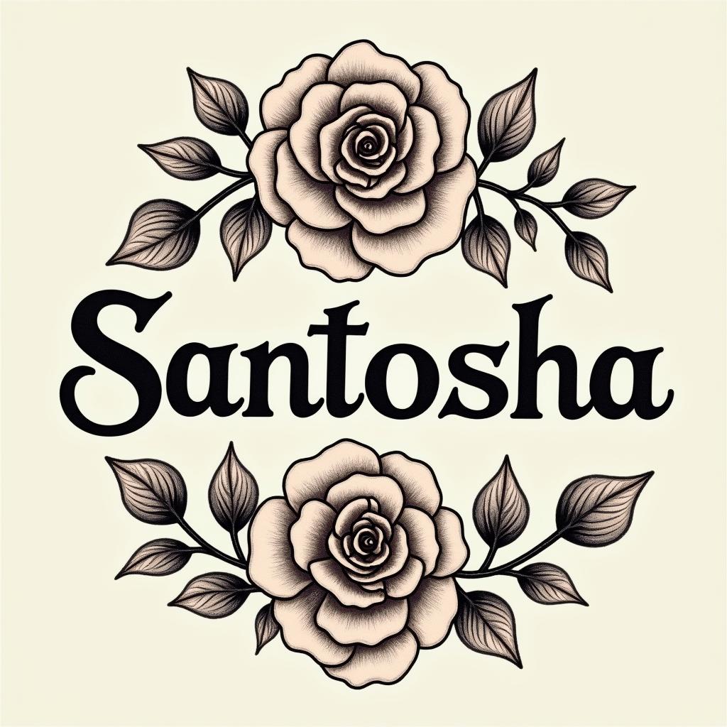 An elegant tattoo design featuring the word 'Santosha' in a small, unique typeface, surrounded by larger, intricate rose designs. The roses vary in size and placement, creating a visually appealing balance and emphasis on the floral elements.undefined