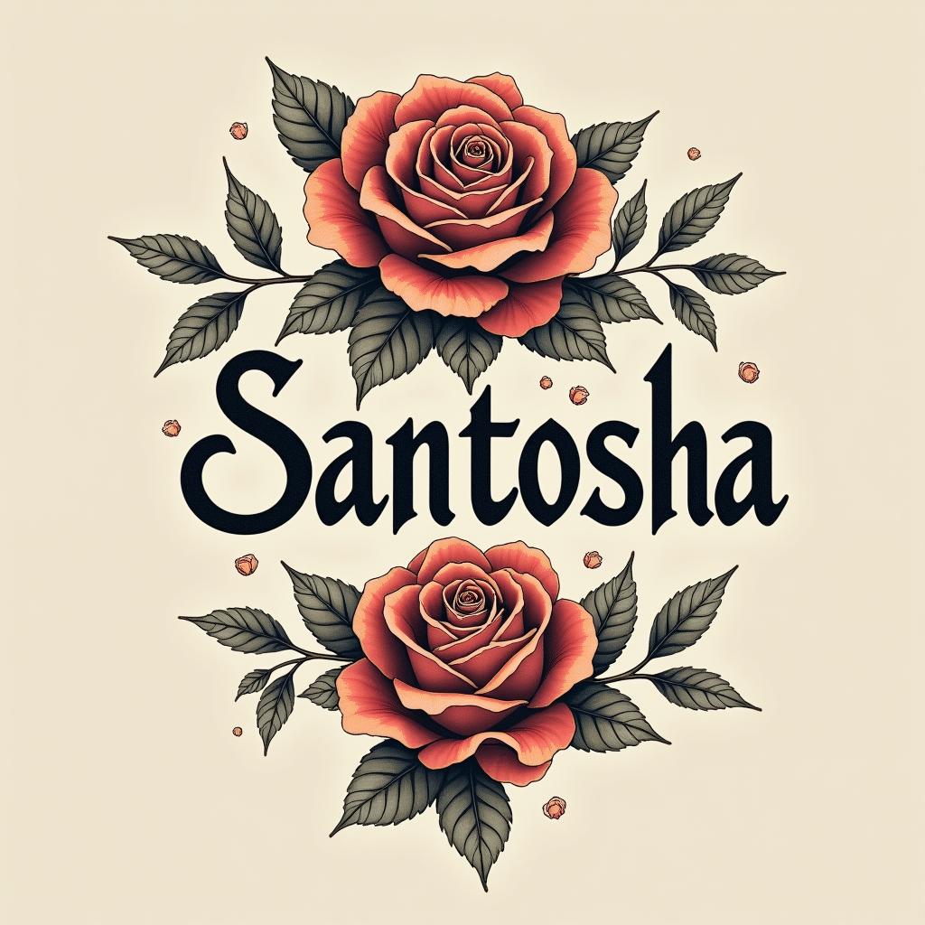 A tattoo concept highlighting the small word 'Santosha' crafted in a unique typeface, with oversized, intricate roses elegantly surrounding the text, creating a harmonious composition.undefined