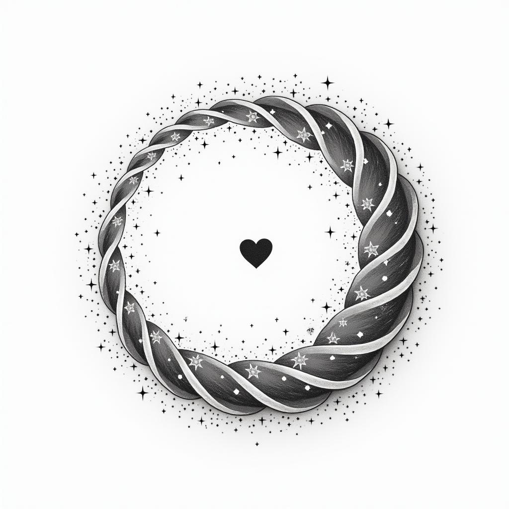 Spiral galaxy with stars and planetsin Modest style tattoo, featuring soft, delicate line work with simple and meaningful symbols, gentle waves, a heart, evoking a sense of serenity and grace,