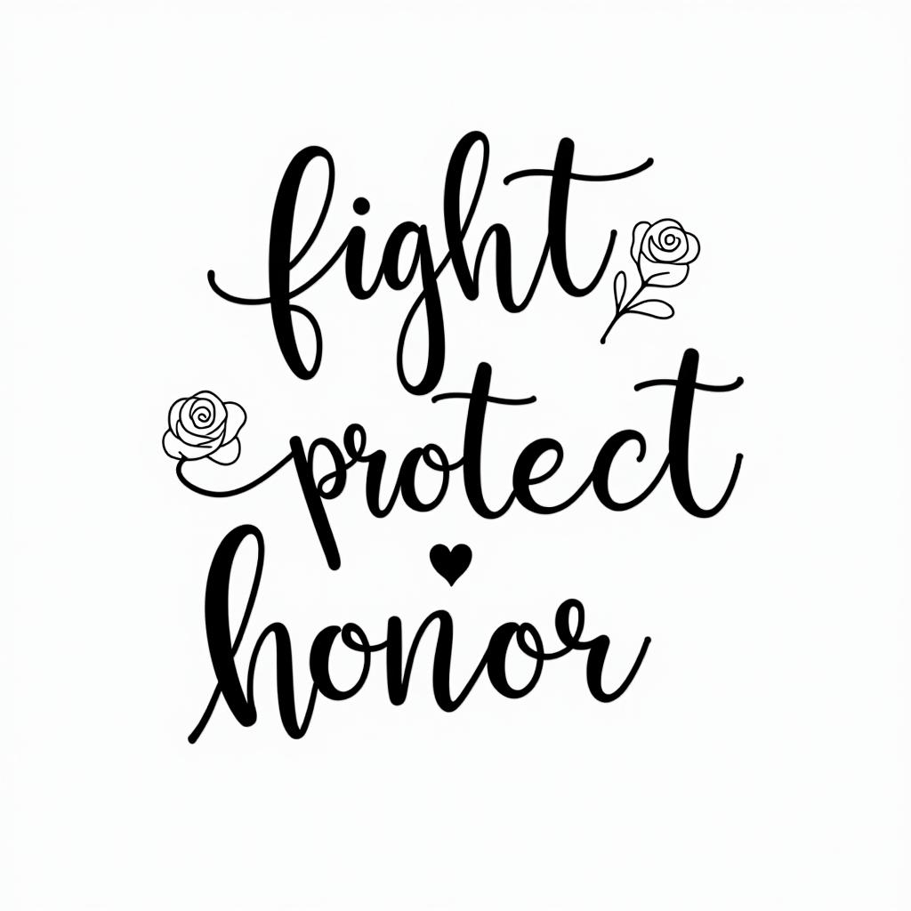Single line. Cursive. Including the words Fight, Protect, Honorin elegant cursive calligraphy style 2d tattoo, decorate with roses, featuring a smooth and flowing handwritten script with slightly thickened strokes for a luxurious and bold appearance,  heart symbol between names,  sleek and glossy black text with shadowing, minimalist matte white background, clean and sharp edges, illuminated with soft lighting, romantic, 8k, high-quality textures with refined typography - Variation 2