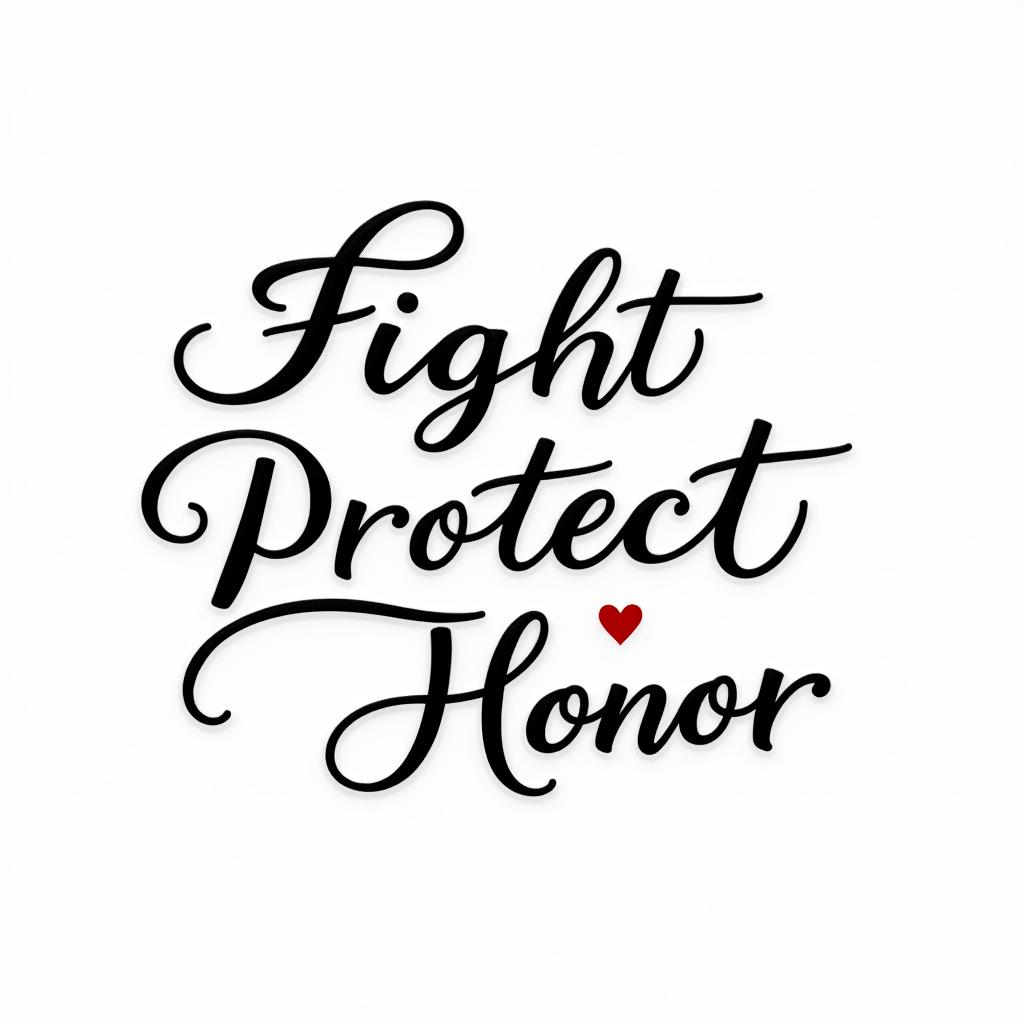 Single line. Cursive. Including the words Fight, Protect, Honorin elegant cursive calligraphy style 2d tattoo, decorate with roses, featuring a smooth and flowing handwritten script with slightly thickened strokes for a luxurious and bold appearance,  heart symbol between names,  sleek and glossy black text with shadowing, minimalist matte white background, clean and sharp edges, illuminated with soft lighting, romantic, 8k, high-quality textures with refined typography