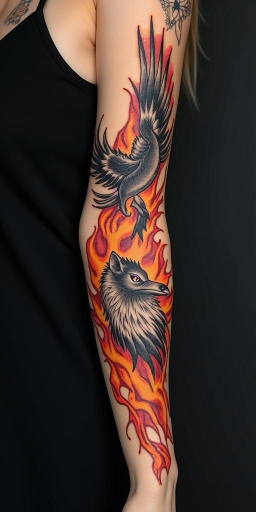 arm cover up, phoenix mix with wolfin flame tattoo style showcasing fiery elements with dynamic flame patterns, glowing effect of flames, natural colors - Variation 2