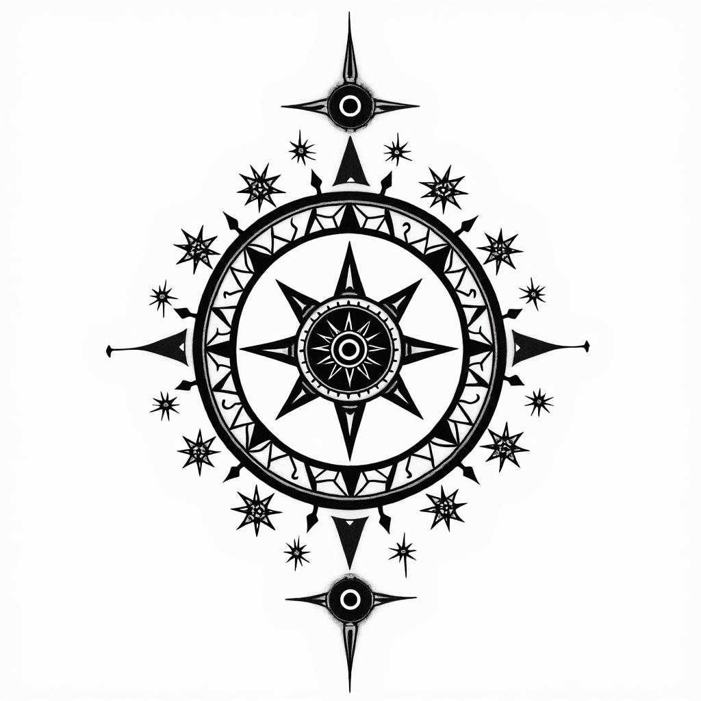 Simple Gypsy outlinein prophecy tattoo style, featuring mystical symbols, celestial imagery like stars, moons, suns, geometric patterns, foretelling elements, an eye of wisdom