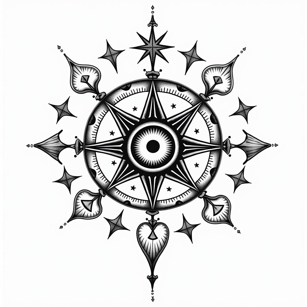 Simple Gypsy outlinein prophecy tattoo style, featuring mystical symbols, celestial imagery like stars, moons, suns, geometric patterns, foretelling elements, an eye of wisdom - Variation 3