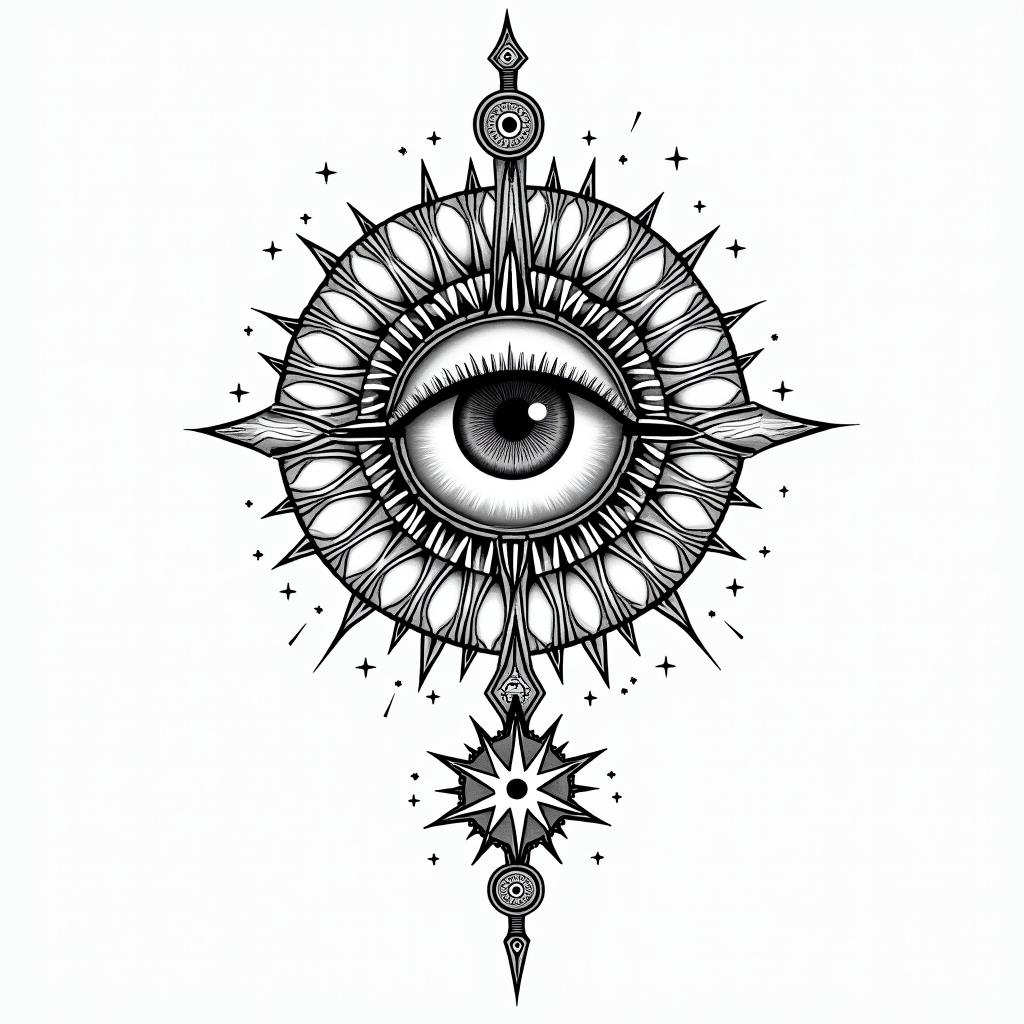 Simple Gypsy outlinein prophecy tattoo style, featuring mystical symbols, celestial imagery like stars, moons, suns, geometric patterns, foretelling elements, an eye of wisdom - Variation 2