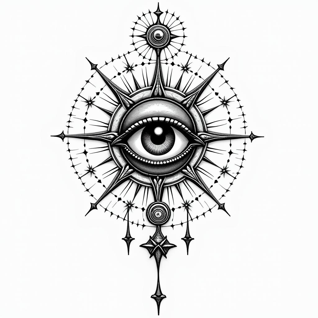 Simple Gypsy outlinein prophecy tattoo style, featuring mystical symbols, celestial imagery like stars, moons, suns, geometric patterns, foretelling elements, an eye of wisdom - Variation 4