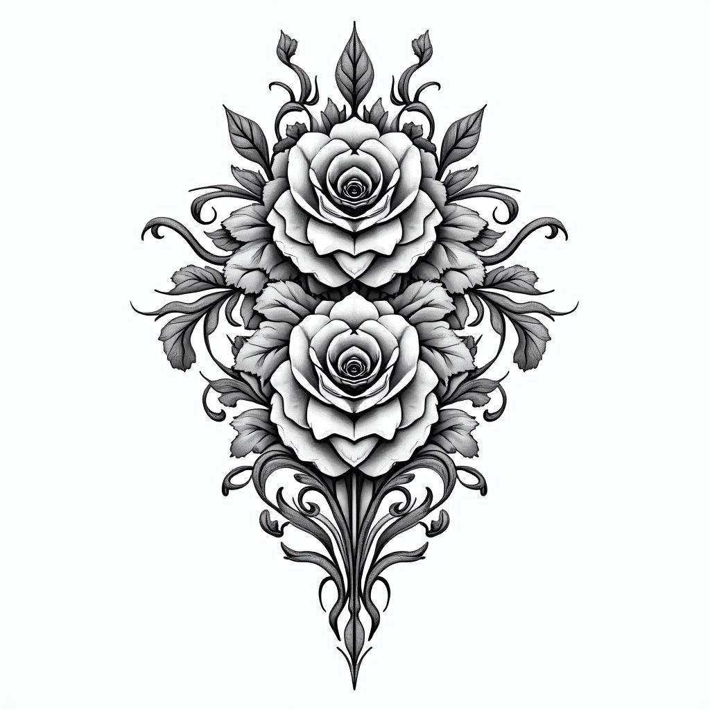 Two rosesin ornamental tattoo style, featuring intricate symmetrical patterns and floral designs, showcasing highly detailed line work and geometric shapes, creating a sense of elegance and balance - Variation 2