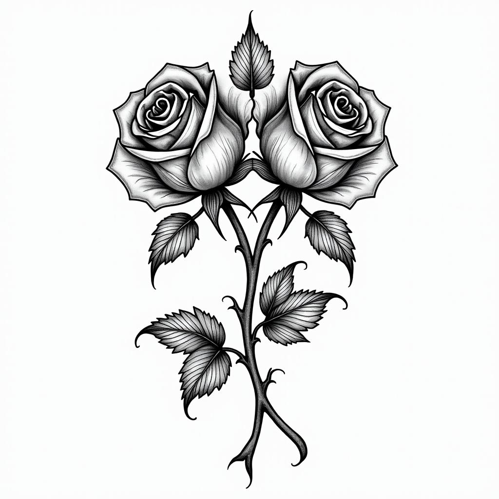 Two rosesin ornamental tattoo style, featuring intricate symmetrical patterns and floral designs, showcasing highly detailed line work and geometric shapes, creating a sense of elegance and balance - Variation 4
