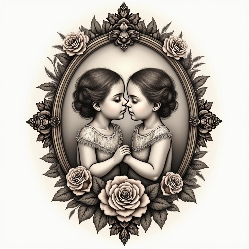 For my childrenin victorian style tattoo, featuring vintage and elegant elements, ornate frames, roses, antique, sepia-toned color scheme