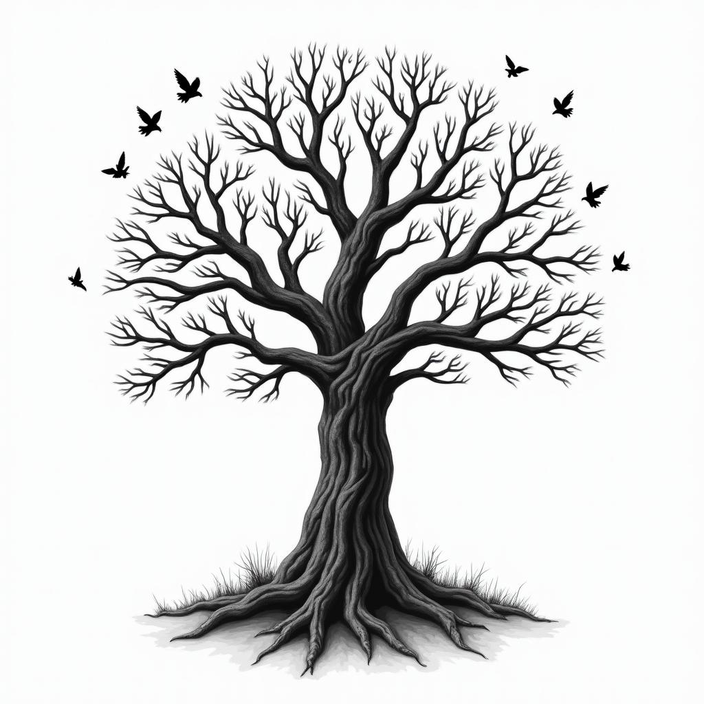 Angry orchard tree with disappearing birdsin realism tattoo style, featuring a highly detailed, lifelike, capturing every detail, photorealistic, ultra realistic, intricate shading, smooth and sharp,   - Variation 2