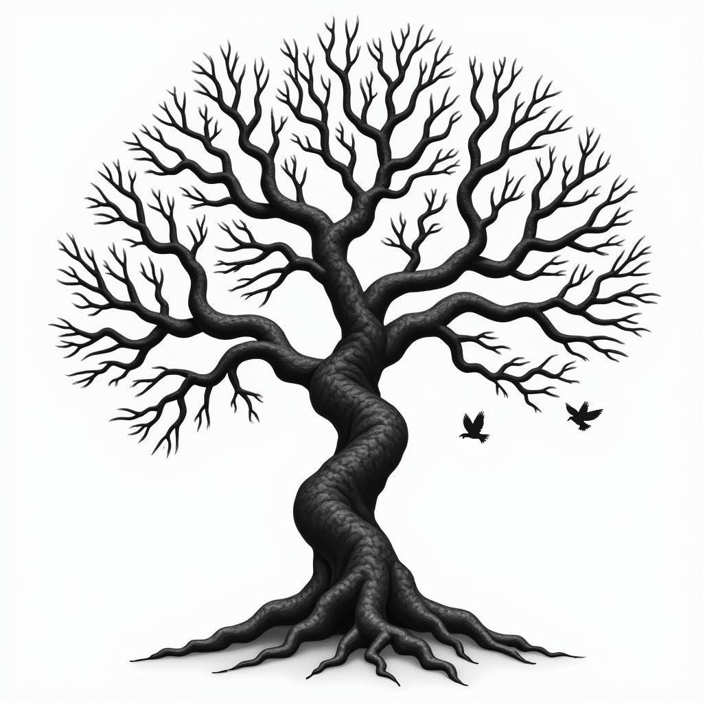 Angry orchard tree with disappearing birdsin realism tattoo style, featuring a highly detailed, lifelike, capturing every detail, photorealistic, ultra realistic, intricate shading, smooth and sharp,   - Variation 3