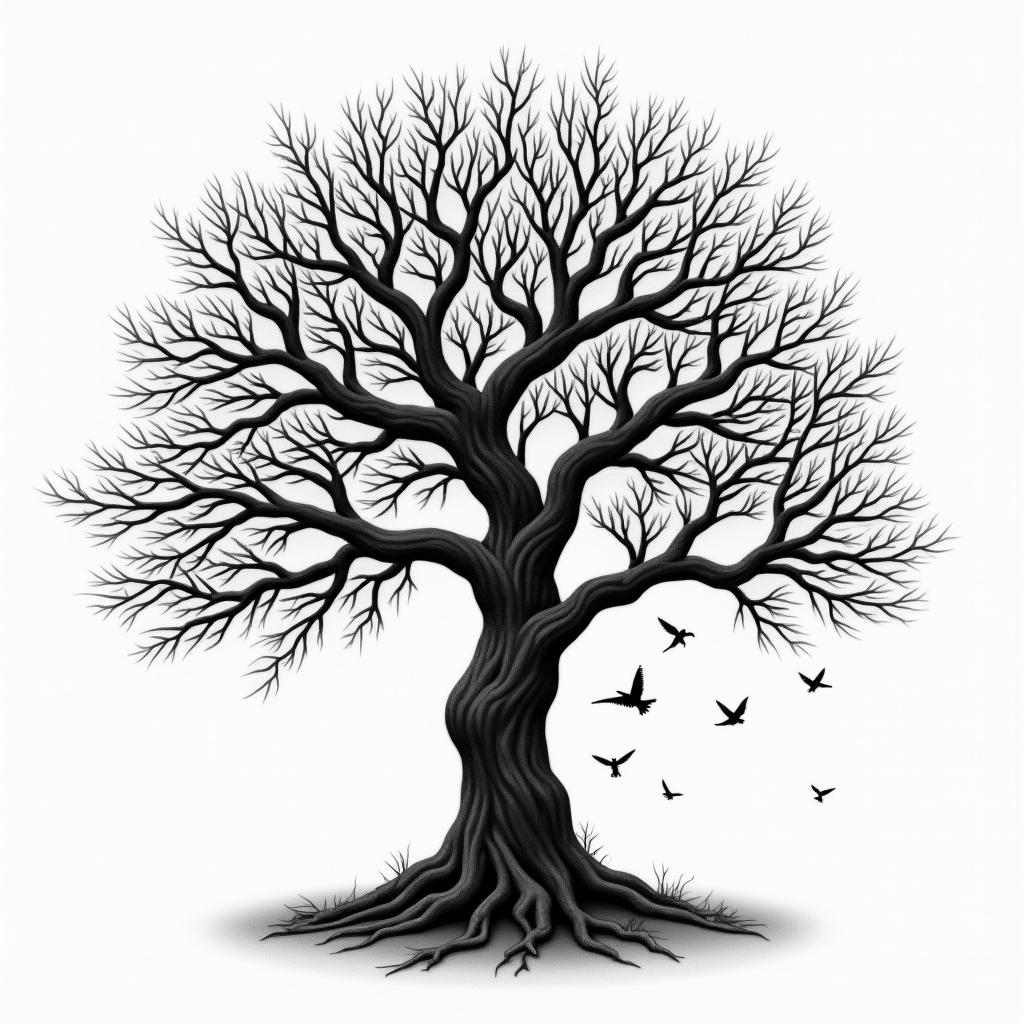 Angry orchard tree with disappearing birdsin realism tattoo style, featuring a highly detailed, lifelike, capturing every detail, photorealistic, ultra realistic, intricate shading, smooth and sharp,   - Variation 4