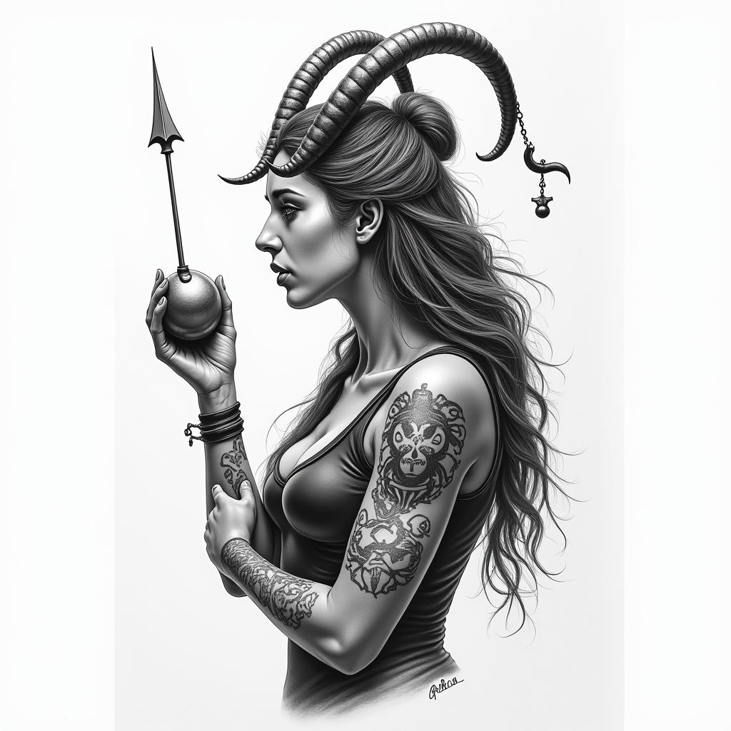 SCC, billiards, Sagittariusin portrait tattoo style, featuring a highly realistic and detailed depiction  - Variation 2