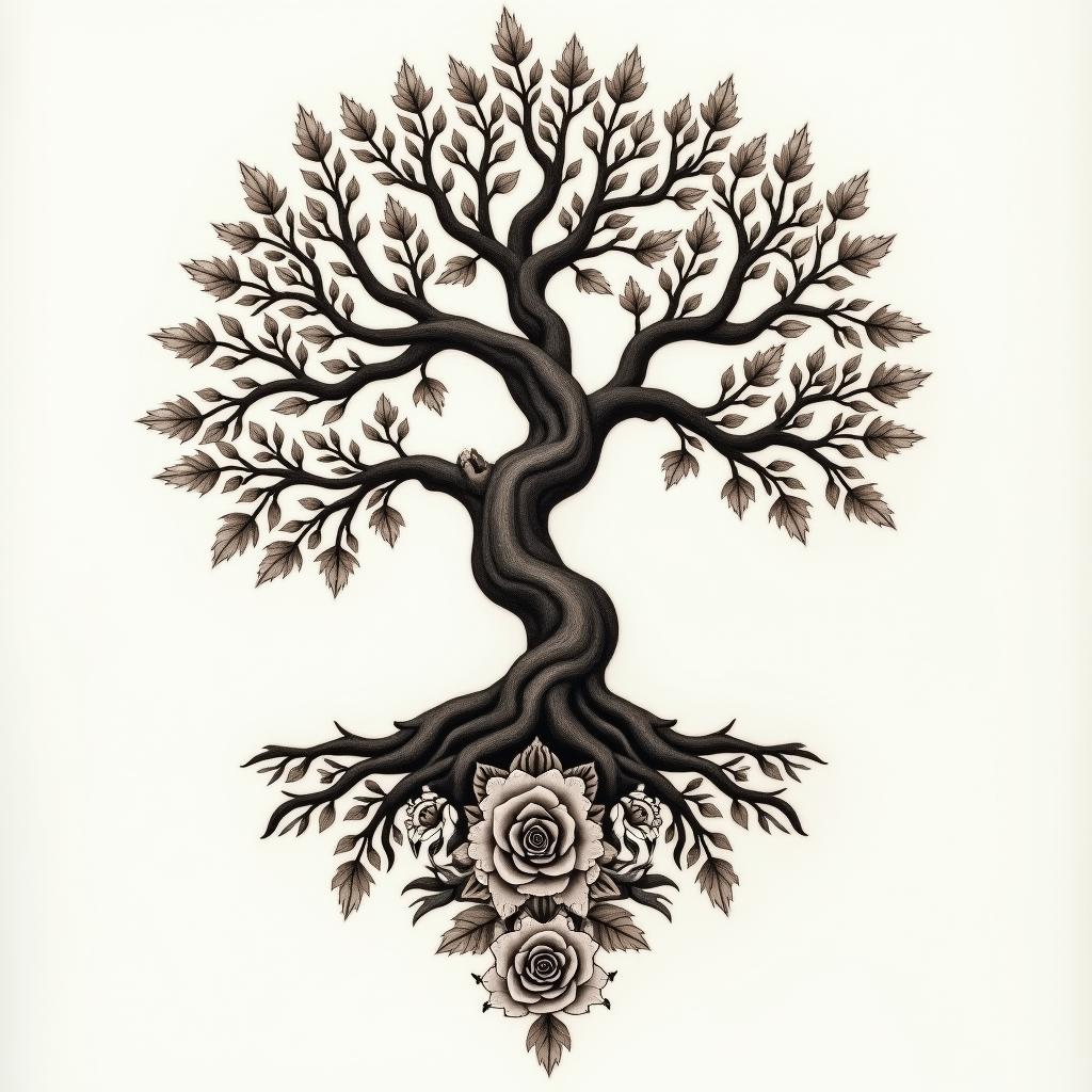 Tree of life with roots and branchesin victorian style tattoo, featuring vintage and elegant elements, ornate frames, roses, antique, sepia-toned color scheme - Variation 3
