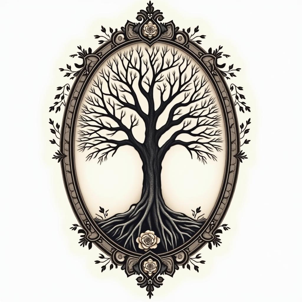 Tree of life with roots and branchesin victorian style tattoo, featuring vintage and elegant elements, ornate frames, roses, antique, sepia-toned color scheme - Variation 2