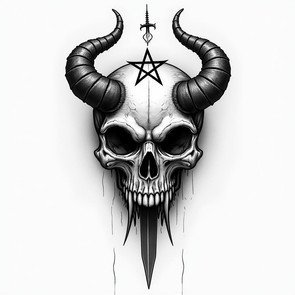 We seek the truth and endure the consequences,dagger,skullcreepy horror tattoo style, featuring an eerie and unsettling skull of a demonic creature, distorted face with sharp fangs, add pentagram symbol