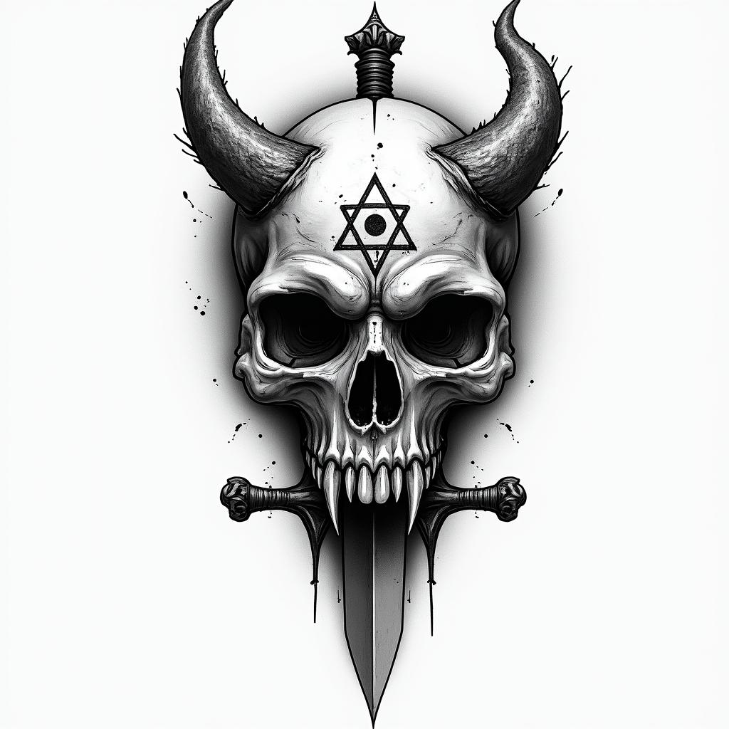 We seek the truth and endure the consequences,dagger,skullcreepy horror tattoo style, featuring an eerie and unsettling skull of a demonic creature, distorted face with sharp fangs, add pentagram symbol - Variation 3