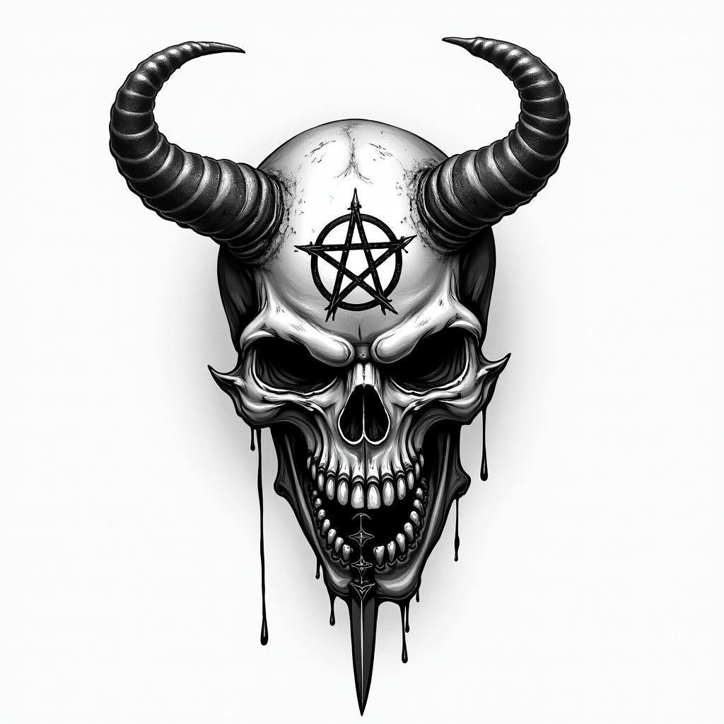 We seek the truth and endure the consequences,dagger,skullcreepy horror tattoo style, featuring an eerie and unsettling skull of a demonic creature, distorted face with sharp fangs, add pentagram symbol - Variation 2